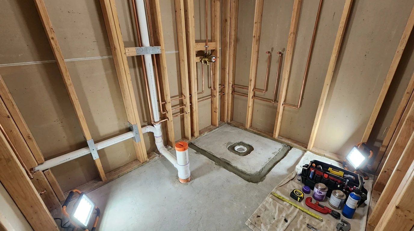 Bathroom rough-in plumbing during remodel by Johns Plumbing LLC in Pawnee