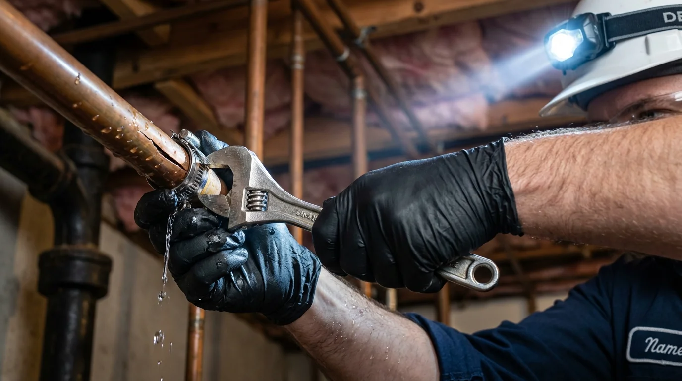 Emergency pipe clamp repair being performed by a Johns Plumbing LLC plumber in Pawnee