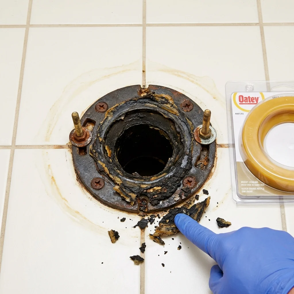 Failed wax ring showing water seepage at the base of a toilet in a Pawnee, OK home