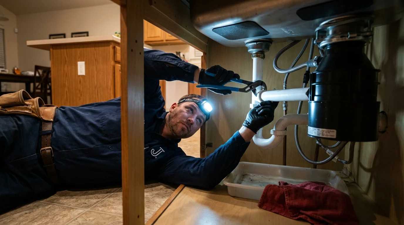 P-trap and supply line connections under a kitchen sink showing a common leak point in Pawnee, OK